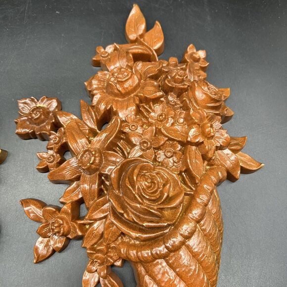 Set 2 Vintage Syrocco MCM Wall Hanging Plaques 16" Cornucopia Fruit Flower 1965 - Picture 5 of 13